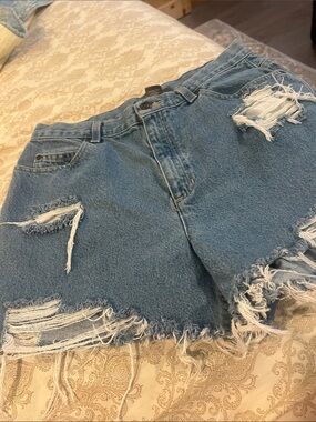 Distressed High-Waist Denim Shorts - Light Blue